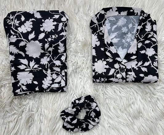 ✨ Printed Pajama Shirt Set with Matching Scrunchies! ✨