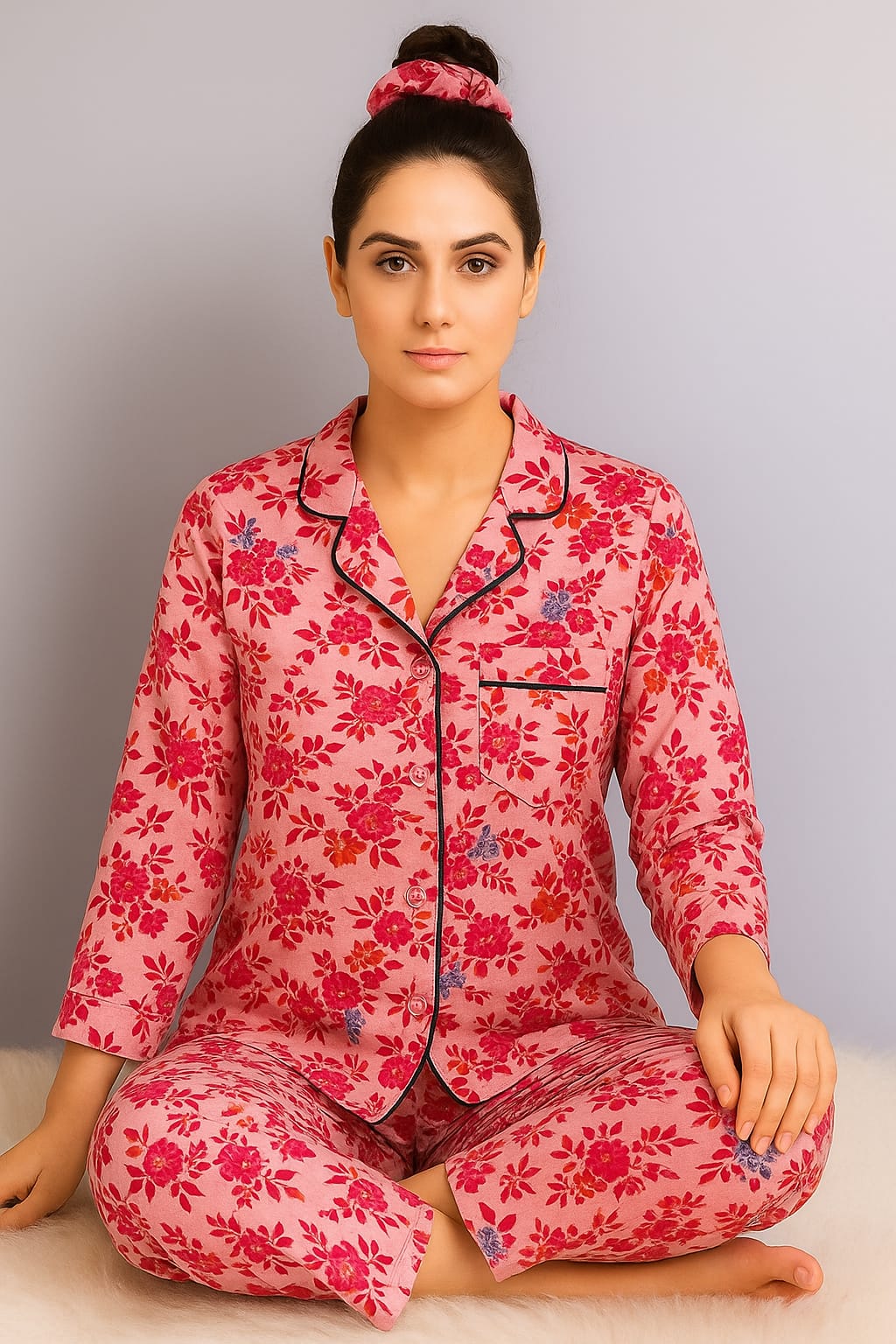 ✨ Printed Pajama Shirt Set with Matching Scrunchies! ✨