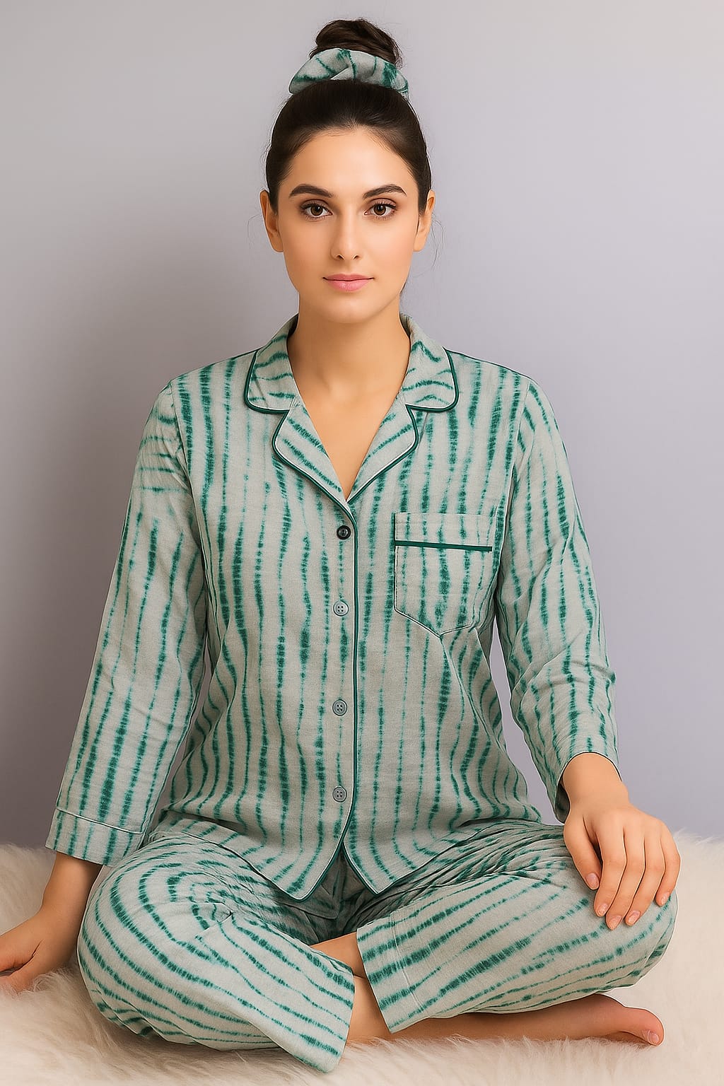 ✨ Printed Pajama Shirt Set with Matching Scrunchies! ✨