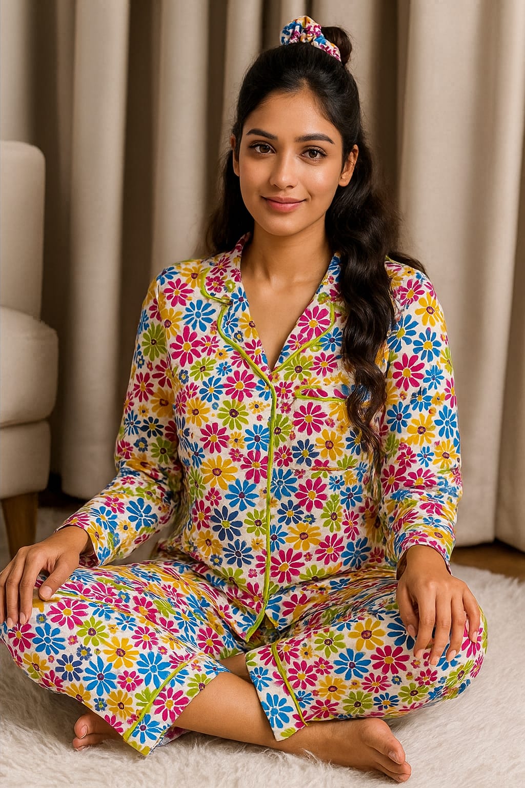 ✨ Printed Pajama Shirt Set with Matching Scrunchies! ✨