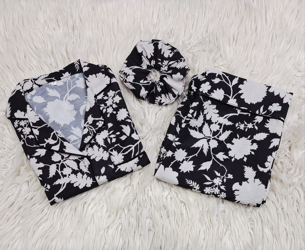 ✨ Printed Pajama Shirt Set with Matching Scrunchies! ✨